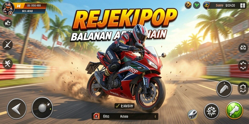 Gameplay seru REJEKIPOP dengan balapan motor yang mendebarkan.