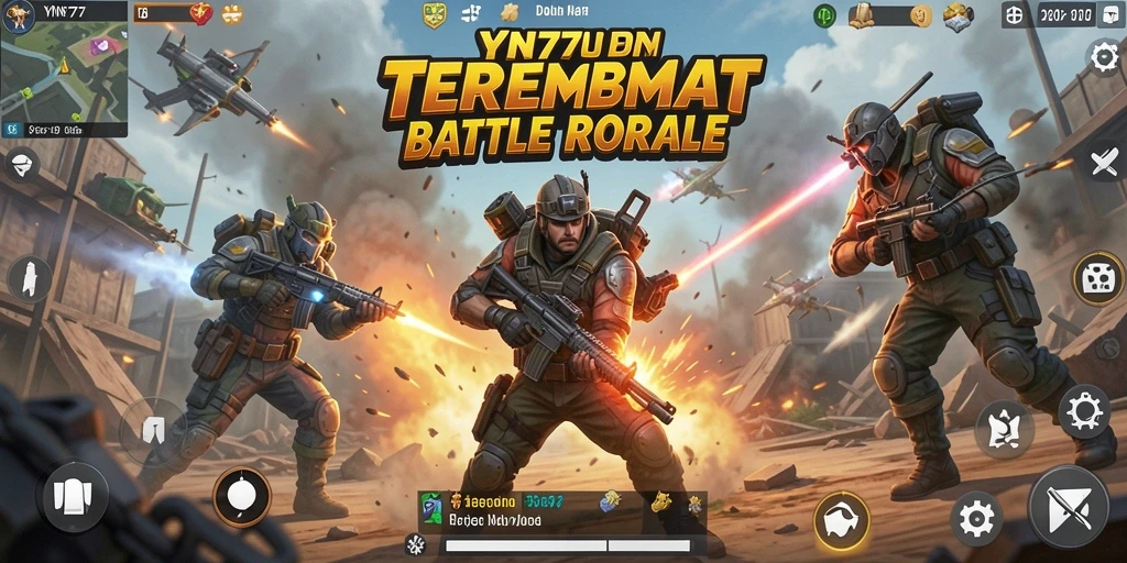 Tangkapan layar gameplay YN777 yang menunjukkan aksi seru di medan perang Battle Royale.